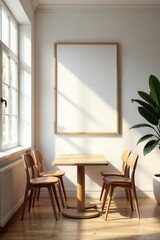 Bright dining area, table, chairs, window view, mockup poster, cafe, dining