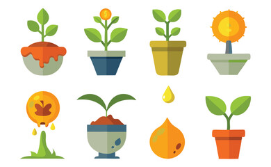 Vibrant Flat-Design Plant Icons Sprout, Growth, Blossom, Potted Plants, and More
