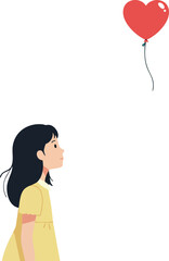 Girl in yellow dress watching red heart balloon floating up vector illustration 