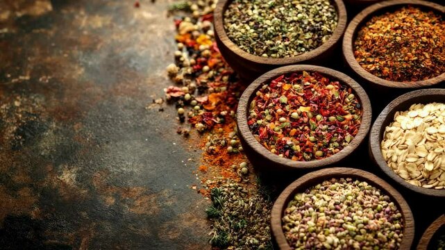 Aromatic Spices and Herbs Assortment in Wooden Bowls on Rustic Background