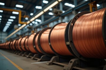 Copper wire coils in a manufacturing facility.