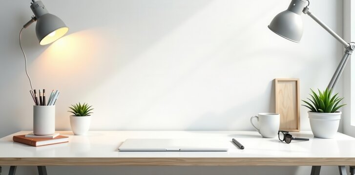 Empty desk, office supplies, white backdrop, product placement , product, workspace, minimal