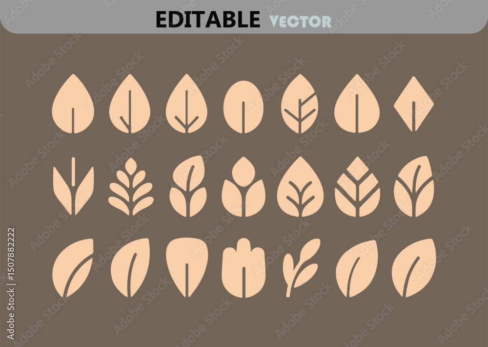 Poster collection of minimalist leaf vector icons in various shapes and styles on a brown background for gr