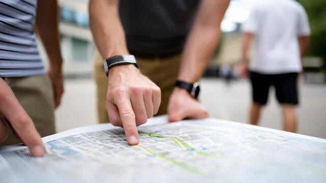 Two people use their hands and fingers to point city map outdoors, focusing navigation, travel, and direction while planning their urban route together with curiosity, wearing casual clothing