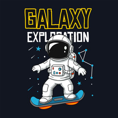 Playful cartoon astronaut on a hoverboard in space