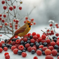 A cardinal near berries and kiwi mix, white background