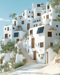 Sustainable White Village Architecture on Hillside with Stairs and Solar Panels