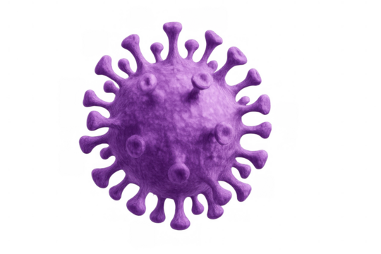 Purple virus cell rotating, 3d rendering revealing microscopic structural complexity against transparent backdrop