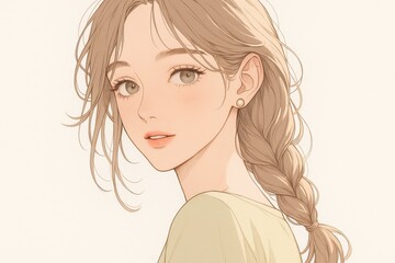 Naklejka premium 三つ編みの髪型の若い女性のポートレート、イラストレーション