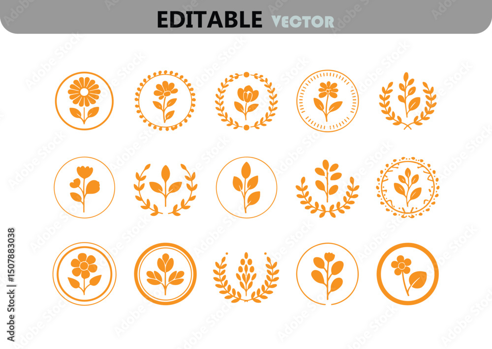 Poster collection of orange flower and leaf vector icons in circular frames perfect for logo design and bra