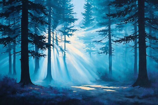 magical fog and sunbeams in misty forest
