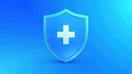 Obraz premium Glossy 3D light blue shield with white cross symbol on gradient blue background. Positioned right, reflective and clean. Minimalist design highlights themes of safety, health, protection.