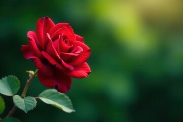 Fototapeta premium Single red rose, vibrant background, lush leaves , romance, red, red rose