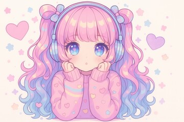 ヘッドホンをしたパステルカラーの髪の可愛らしいアニメキャラクターのポートレート