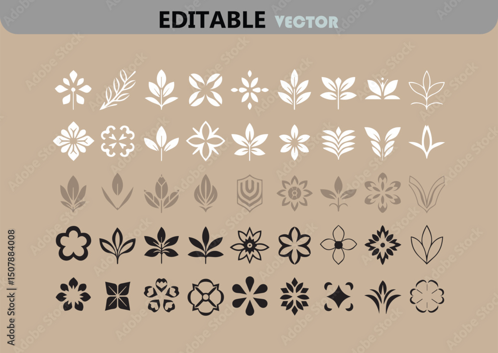 Aufkleber collection of botanical and floral vector elements in white taupe and black for graphic design proje