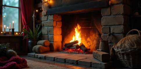 A cozy scene of a fireplace emitting warm light, casting a gentle glow on surrounding objects  Perfect for home, comfort, and winter themes  ,  brick,  brown,  homey