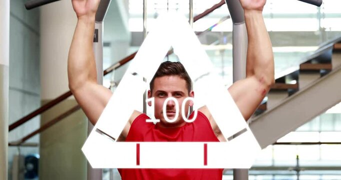 Male exerciser gripping lat pulldown bar, pulling down in gym with overlay updating rep progression