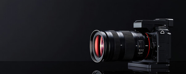 A sleek camera with a large lens stands against a dark background, highlighting its design and features.