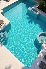 A luxurious geometric-shaped swimming pool, pristine blue water reflecting the sun, clean lines and modern design, perfect for a relaxing escape , escape, diving