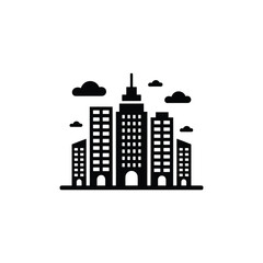 Fototapeta premium Simple Cityscape Silhouette Buildings, Towers, Clouds, Transparent Background
