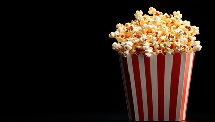 A striped popcorn bucket filled with fluffy popcorn against a dark background.