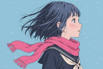 冬の風景の中、マフラーをしたセーラー服の若い女性の横顔イラスト