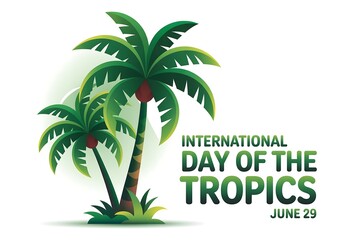 Obraz premium International day of the tropics with palm trees and june twenty ninth text on white