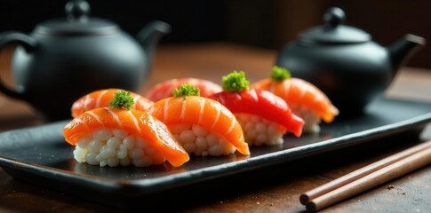 Assorted sushi, wasabi, soy, teapot, black stone , wasabi, gourmet, texture