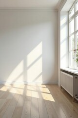 Fototapeta premium Bright minimalist studio, white walls, wood floor Perfect for product showcasing and branding , branding design, window, design