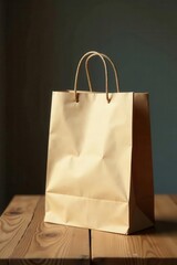 Brown paper shopping bag sits on rustic wooden table , commerce, minimal, organic
