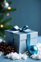 Elegant silver box, blue baubles, pine cones, winter scene , elegant, winter scene, winter