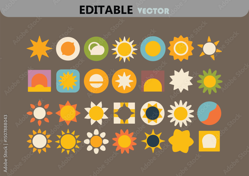 Poster Retro Style Graphic Elements Collection with Sun Flower and Abstract Shapes for Vintage Design Projects and Creative Compositions in Vector Format