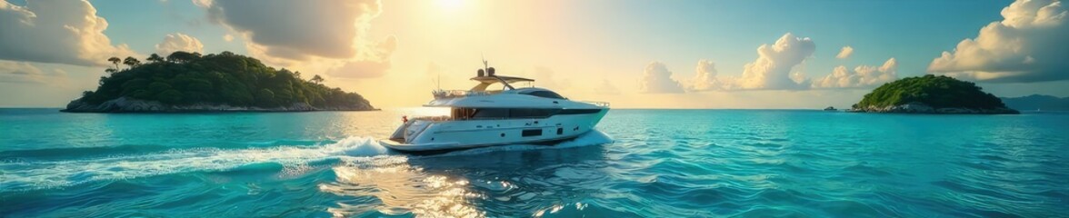 Obraz premium A sun-drenched yacht glides across turquoise waters, surrounded by lush islands under a vibrant summer sky The epitome of lavish summer escapes , idyllic, calm, view