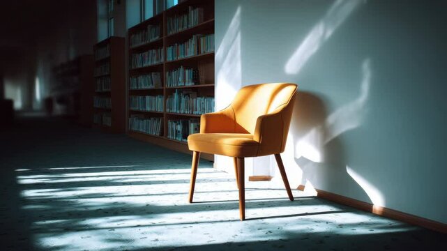 Yellow armchair in sunlight casting soft shadow on wall of empty modern library, comfortable wooden seat creates peaceful inviting reading atmosphere, surrounded by bookshelves and cozy ambiance