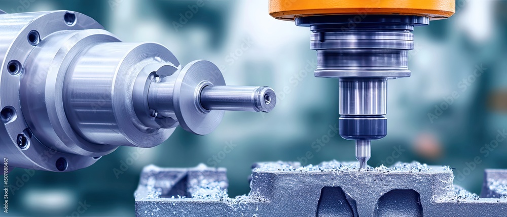 Poster a close-up of cnc machines precisely milling and shaping a metal component in an industrial workshop