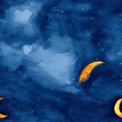 Tranquil Night Sky with Watercolor Moons and Twinkling Stars in Deep Blue Background for Serene Atmosphere
