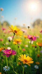 Fototapeta premium A vibrant sunlit field of wildflowers swaying gently in the breeze, radiating joy and serenity Perfect for themes of positivity, optimism, and well-being , carefree, meadow