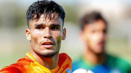 Young Male Athlete in Sports Uniform with Ball, Portrait Focused on Determination and Passion, Training Session Outdoors