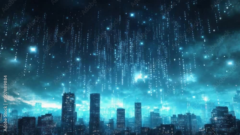 Poster digital metropolis: an ethereal scene of a cityscape intertwined with a data stream, showcasing the 
