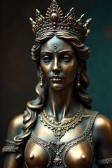 Obraz premium Close-up of a regal bronze queen statue, intricate details showcased, highlighting the artistry and craftsmanship Rich patina and majestic pose are emphasized , statue, metal, surface