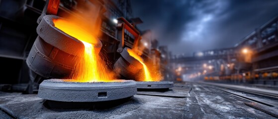 Molten metal is poured from large industrial containers in a steel mill at night, creating a dramatic scene with intense orange glow.