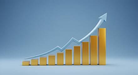 Gold Bar Graph Shows Upward Growth with Light Blue Arrow in a Light Blue Background