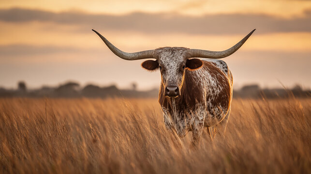 A longhorn standing in a field of tall grass with a sunset sky in the background in a warm light
