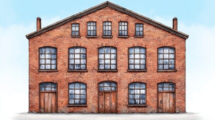 Fototapeta premium Aged Red Brick Building Exterior Under Clear Sky