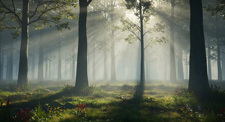 Enchanting Sunbeams Through Misty Forest Magical Woodland Scene with Wildflowers