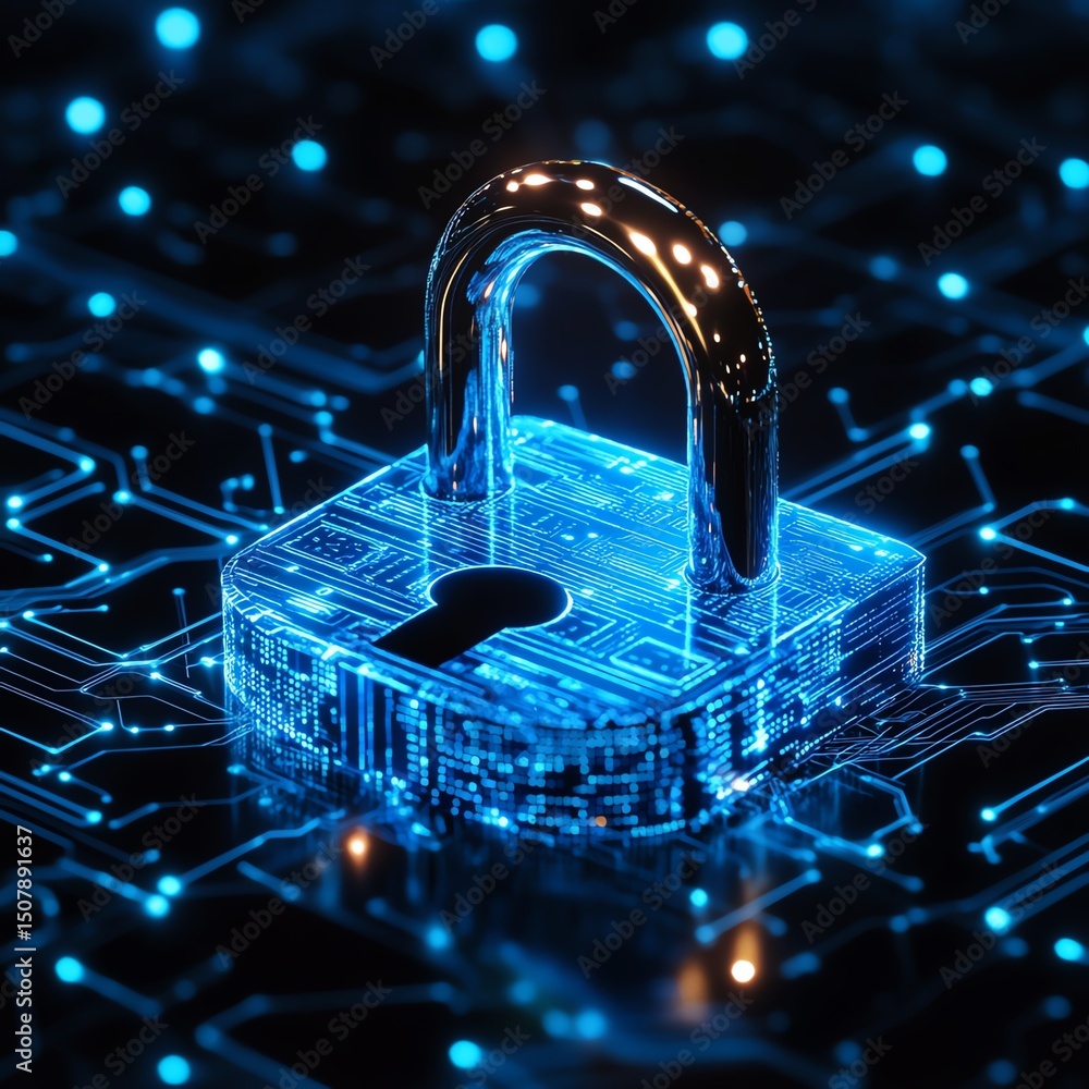 Poster a padlock representing tecnology information security, data server center, illustrative image progra