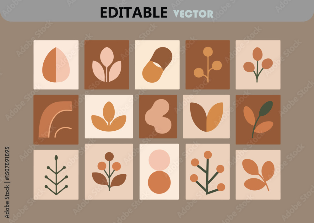 Poster boho aesthetic vector elements collection with leaves branches and abstract shapes in earthy tones p