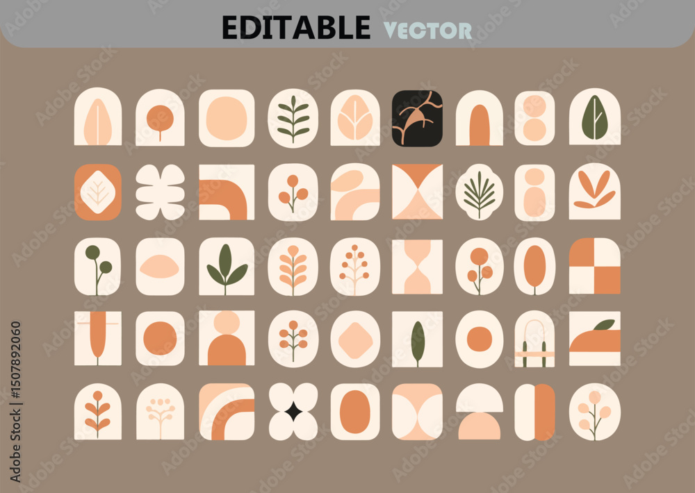 Poster boho botanical icon collection with earthy tones and geometric shapes perfect for branding social me
