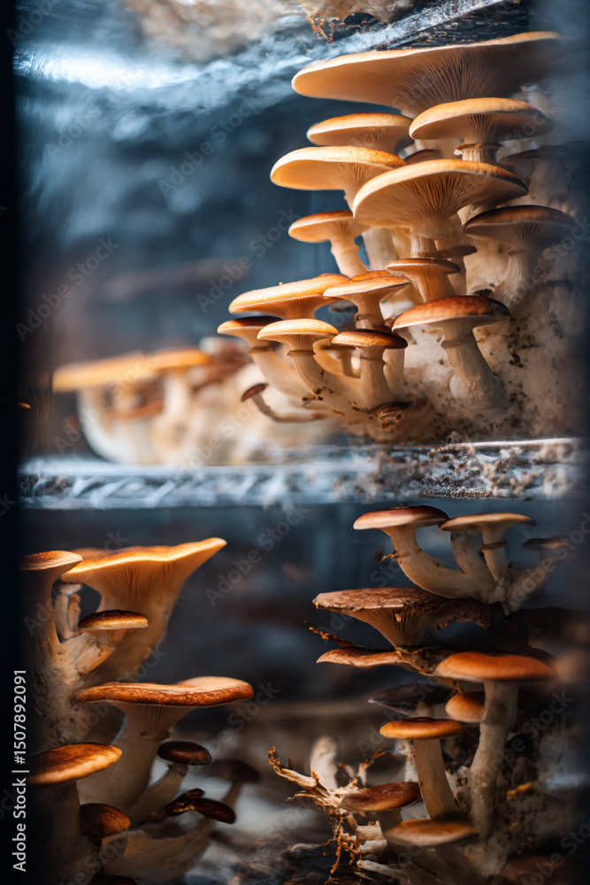 Poster close up shot of a cluster of mushrooms growing on a surface with a blurred background in soft light