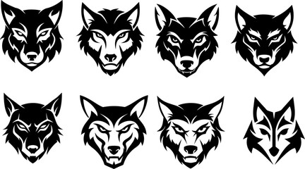 Wild wolf head icon set in flat design, suitable for digital logos, mobile apps, and brand kits.